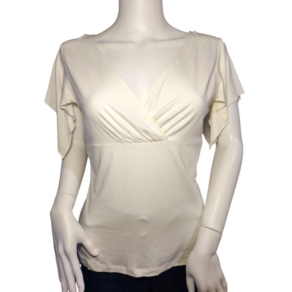 Ann Taylor Loft Womens Flutter Sleeve V-neck Stretch Blouse Cream Size Medium - Picture 1 of 13